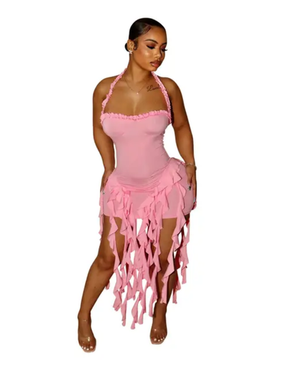 Vestido Mini Bodycon Sexy de Festa, Roupas de Aniversário, Babados Retalhos Halter 505