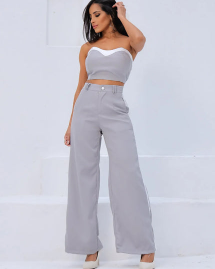 Conjunto Feminino Casual Elegante Alfaiataria Calça Pantalona e Cropped Bicolor 321