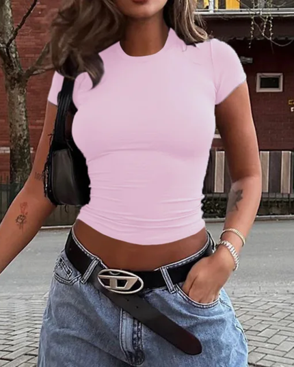 Camiseta Casual Versátil de Manga Curta e Cor Sólida para o Natal Vaiaye para Mulheres 153