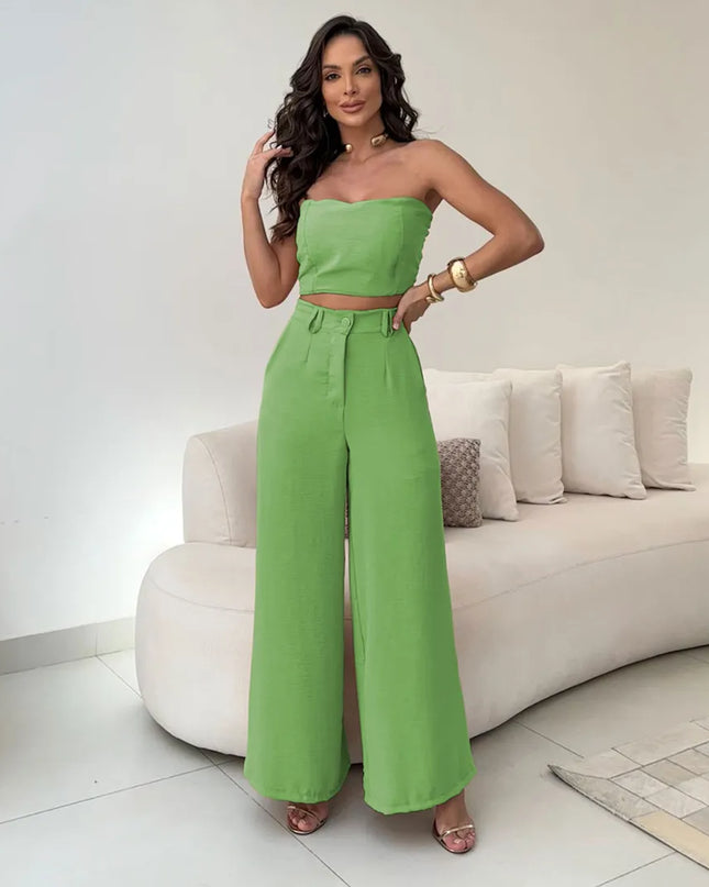 Conjunto Feminino Casual Elegante Calça Pantalona Cintura Alta e Cropped Duna 244