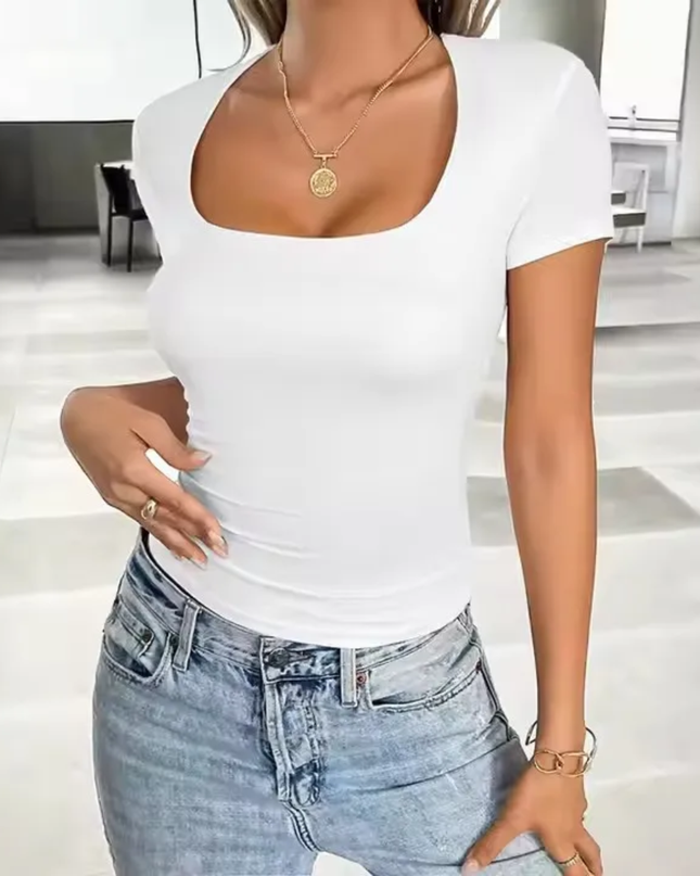 Camiseta Ajustada com Decote Redondo e Pregas, Cor Sólida, Casual, de Verão 166