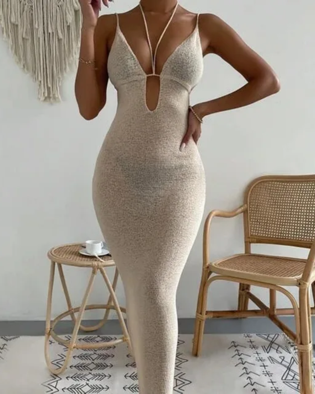 Hollow lace hanging neck strap knitted backless bikini dress