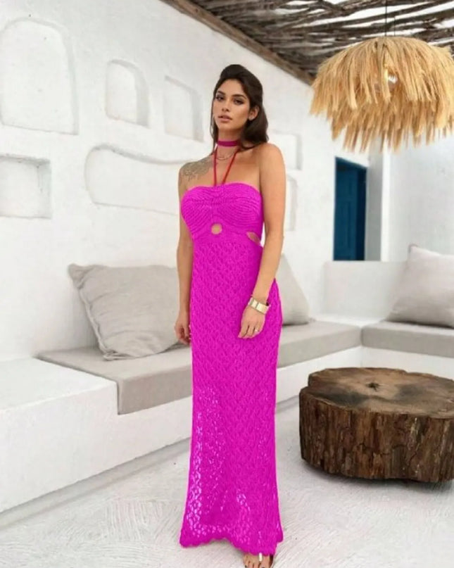 Vestido Longo Em Tricot Rendado Alça com forro Elegante 445