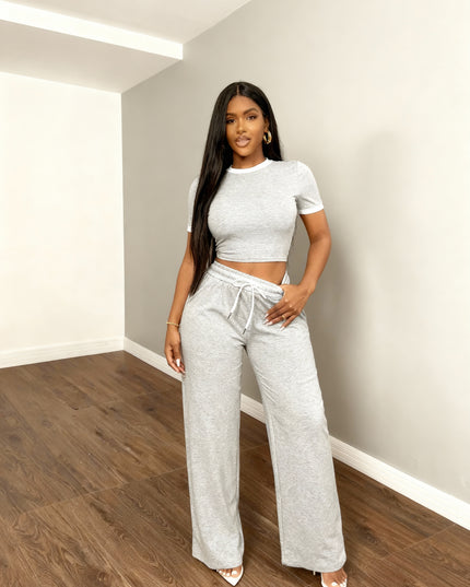 Conjunto Top de Manga Curta Sexy com Contraste de Cor e Calça 2 Peças Feminina 156