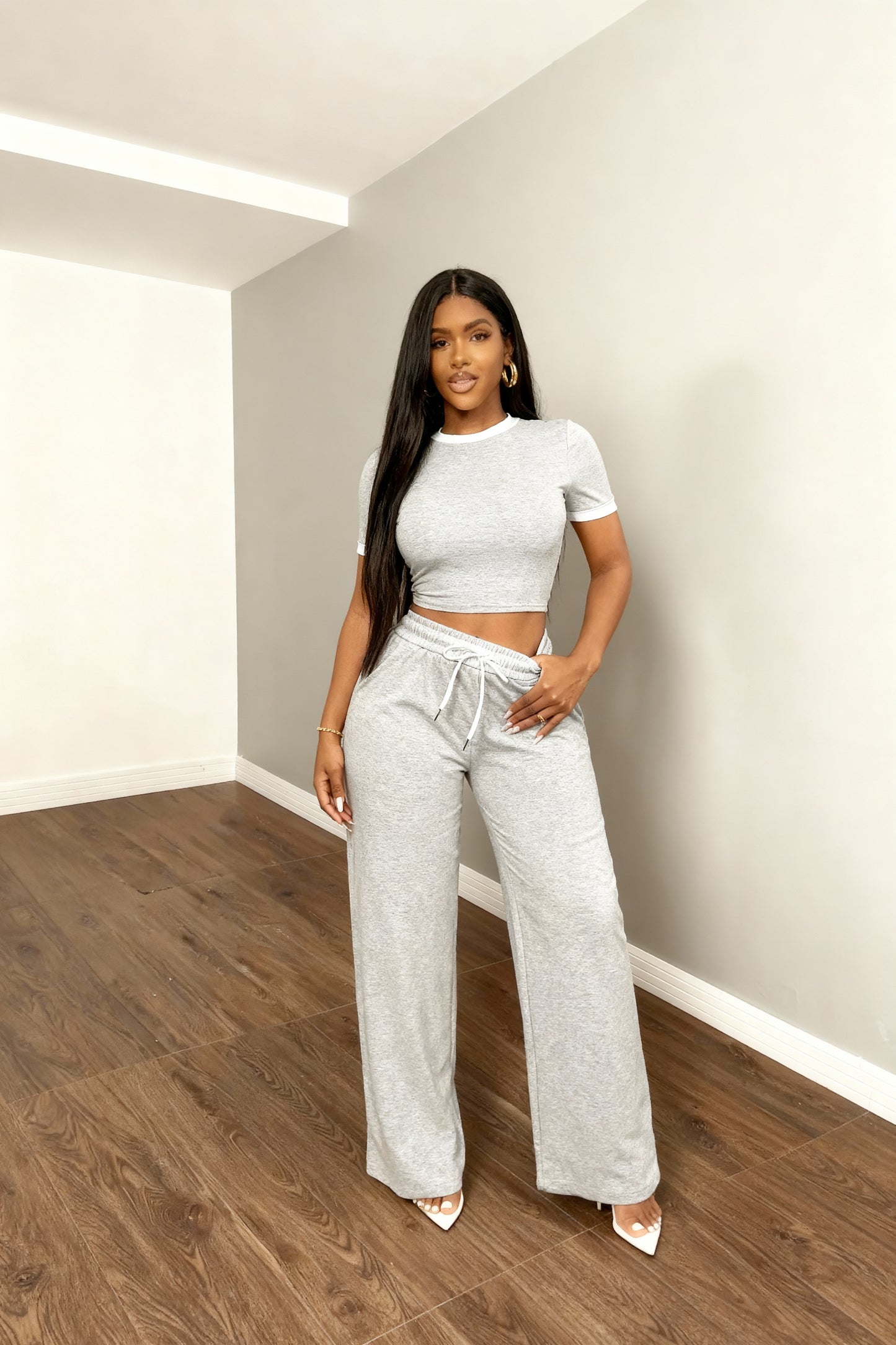 Conjunto Top de Manga Curta Sexy com Contraste de Cor e Calça 2 Peças Feminina 156