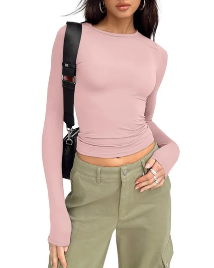 Camiseta Feminina Elegante e Versátil com Gola Careca, Manga Longa, Franzida, Ajustada e Slim, Adequada 161