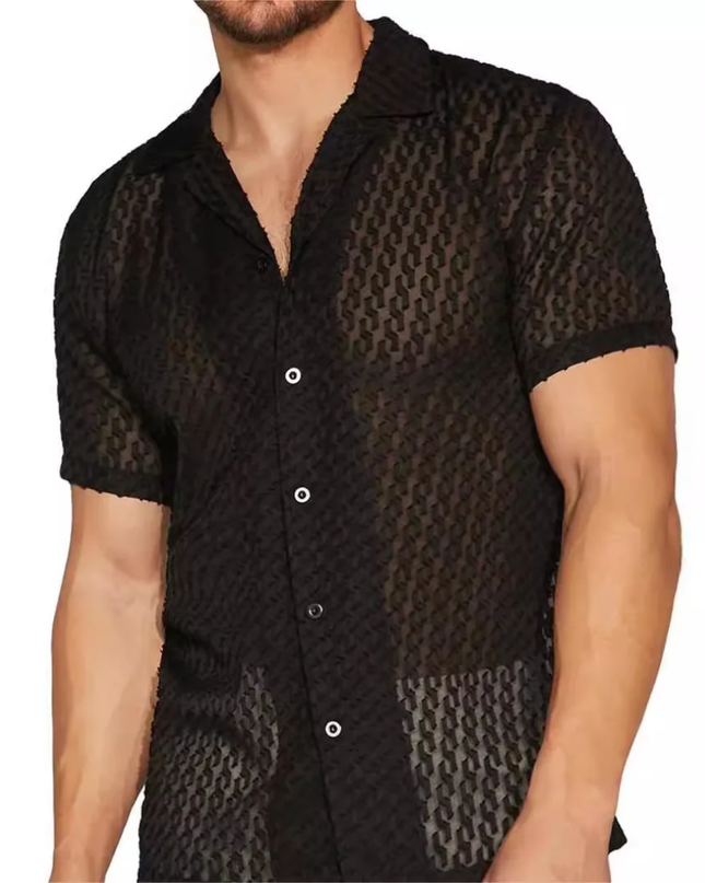 Homem Meia-Noite Camisa Casual Masculina de Manga Curta, Cor Sólida e Vazada, Primavera/Verão 588