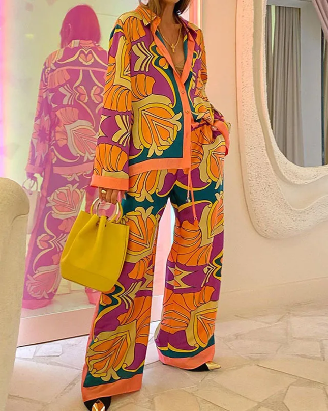 2 Peças/Conjunto Camisa de Manga Longa e Calças com Estampa de Moda de Verão e Retalhos 197