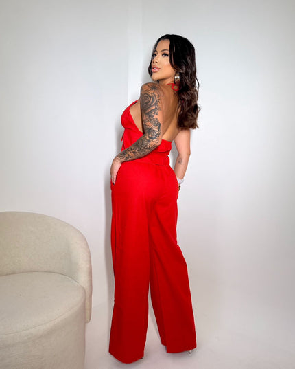 Chiquease Terno de Calça Pantalona Larga Solta com Pescoço Halter Pregueado em Tecido 261