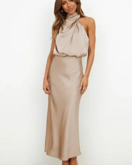 Vestido de Festa Elegante Sem Mangas de Gola Alta em Cetim, Vestido Semiformal de Coquetel 303