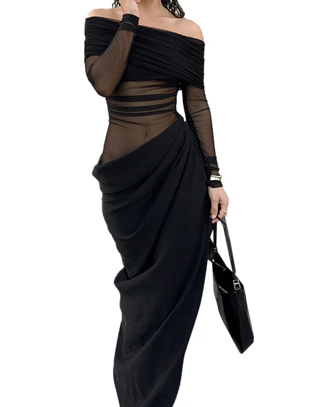 Closet Mally Vestido Fashionável de Malha Transparente com Recorte Ombro a Ombro para Mulheres Onicee 498