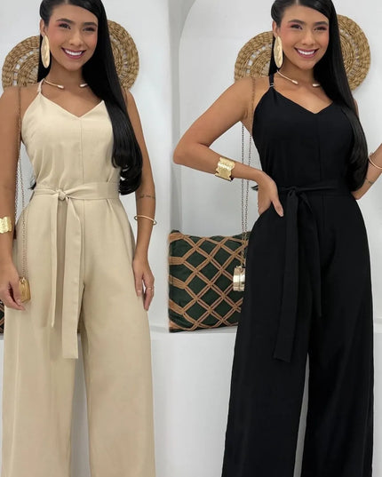 Macacão Feminino Longo Simples elegante Casual Festa Tecido Com cinto Bolso Zíper Sensorial verão  Elegante 287