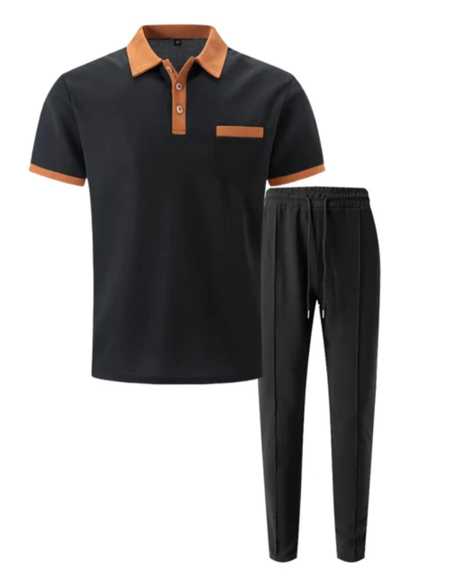 Men's Breathable Polo Shirt & Long Pants Set – Waffle Collar Edition