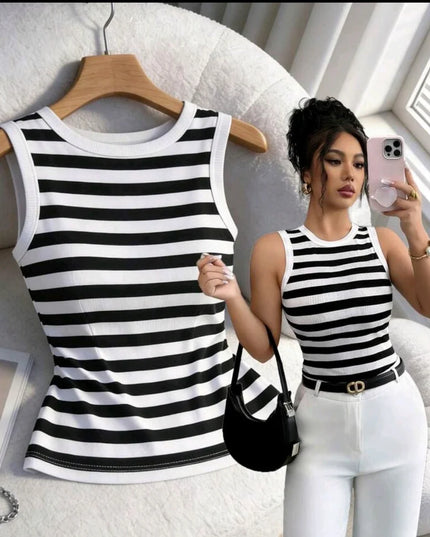 Elenzga Regata Elegante Ajustada Casual Feminina, Canelada Preta e Branca, Adequada para Uso Diário 555