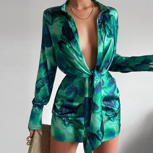 Vestido feminino simples e diário de mangas compridas com estampa aleatória 214