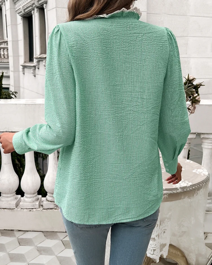 Blusa de Moda Listrada com Manga Balão e Decote V com Babados para Mulheres 179