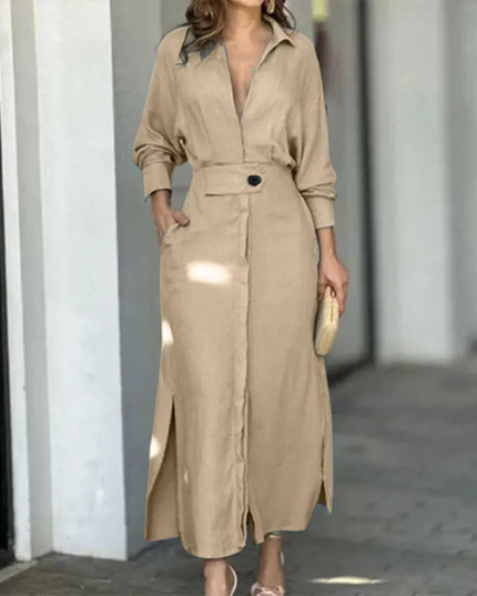 Vestidos Feminino De Lapela De Manga Comprida De Cor Sólida 188