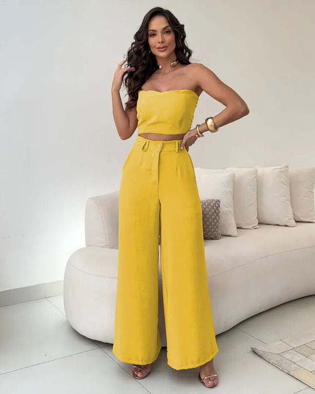 Conjunto Feminino Casual Elegante Calça Pantalona Cintura Alta e Cropped Duna 244