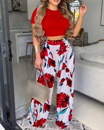 Women's Casual Printed Crop Top Wide Leg Two Piece Set
