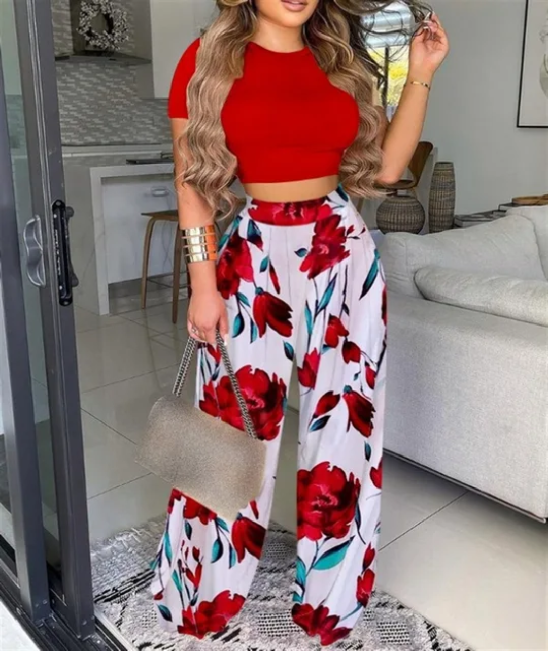 Women's Casual Printed Crop Top Wide Leg Two Piece Set