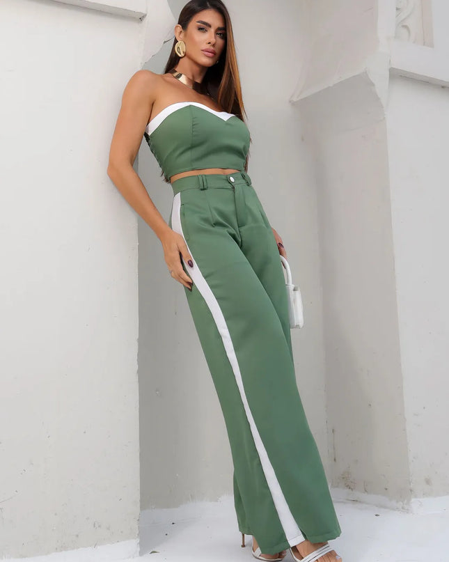 Conjunto Feminino Casual Elegante Alfaiataria Calça Pantalona e Cropped Bicolor 321