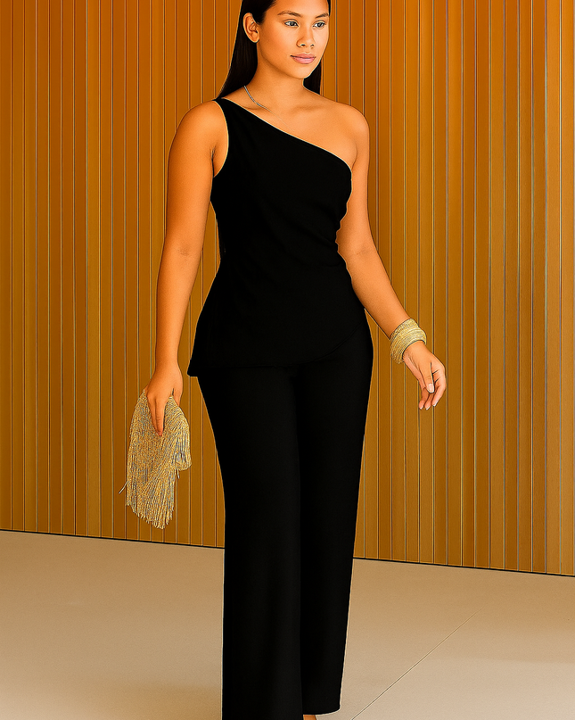 Conjunto de 2 peças de calças com gola inclinada e um ombro só 25