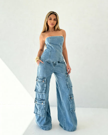 Conjunto jeans feminino sem alças com bolsos e patches 49