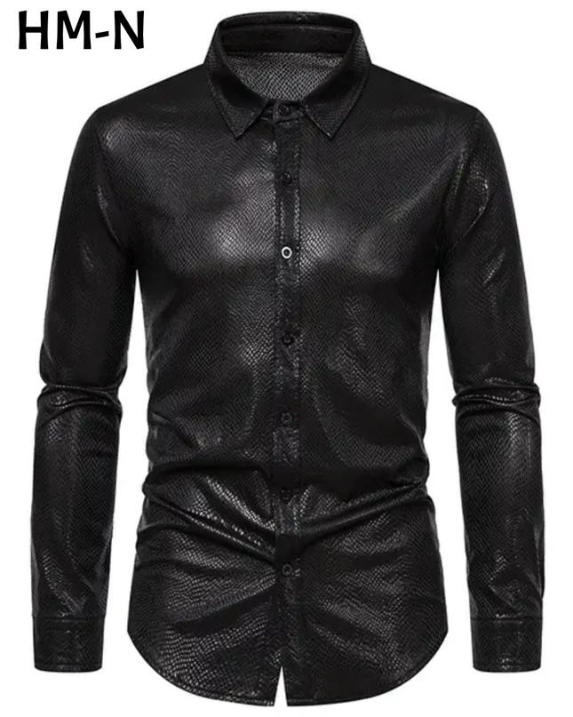 Homem Meia-Noite Camisa Masculina de Manga Longa com Gola Alta Jacquard, Ajuste Solto, Outono, Formal 609