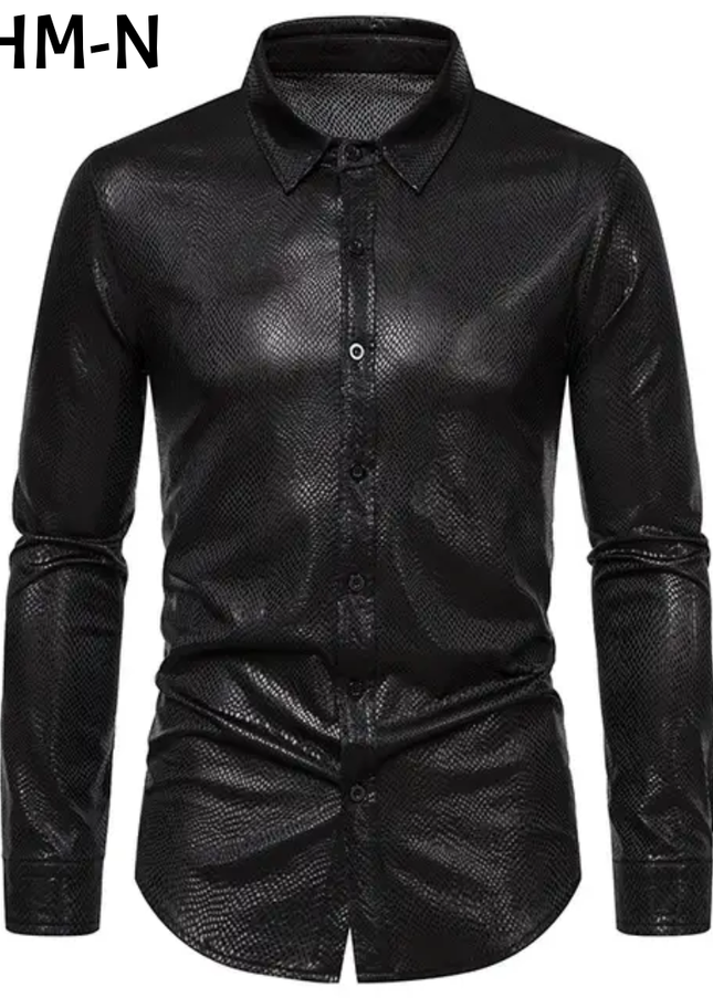 Homem Meia-Noite Camisa Masculina de Manga Longa com Gola Alta Jacquard, Ajuste Solto, Outono, Formal 609