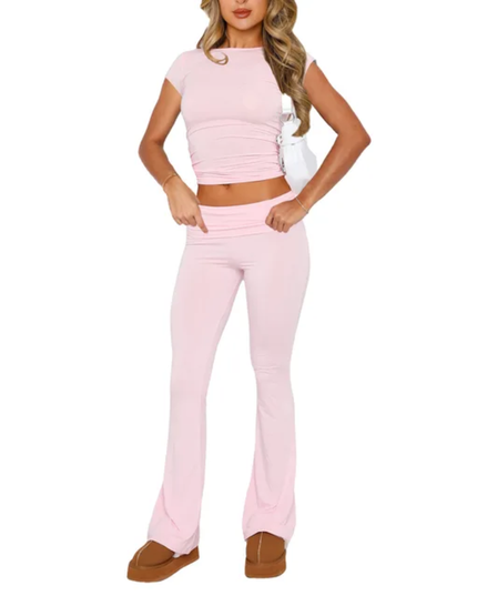 Conjunto Esportivo de Malha Slim Fit de Cor Sólida com Top de Manga Curta e Calça Flare 143