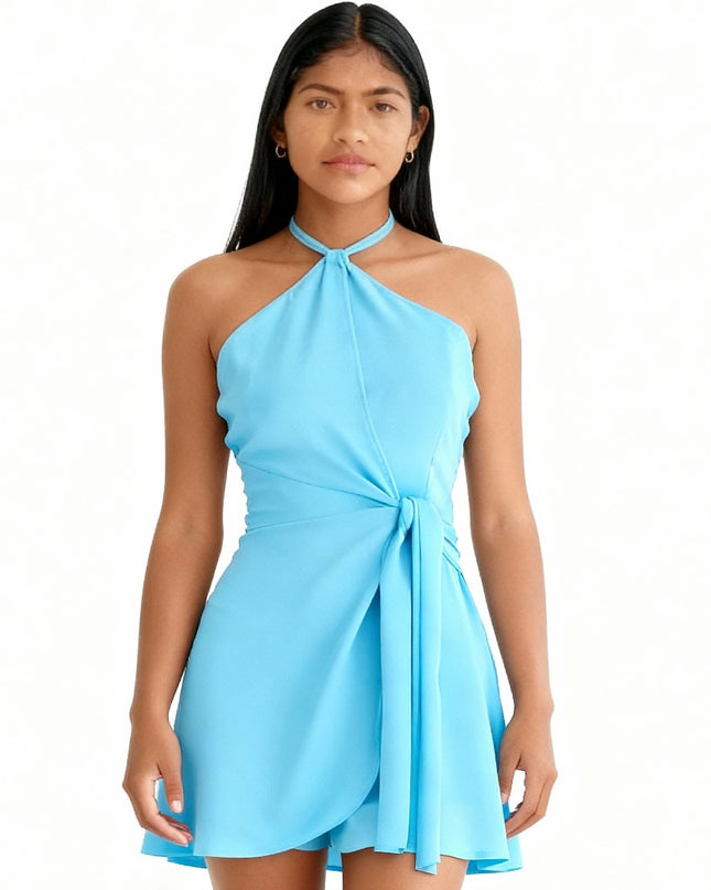 Vestido midi com decote halter e amarração na cintura e laço 62