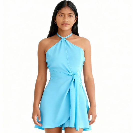 Vestido midi com decote halter e amarração na cintura e laço 62