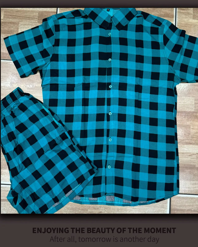 Conjunto de Cardigã Xadrez Retrô de Cavalheiro Camisa Shorts para Homens 468