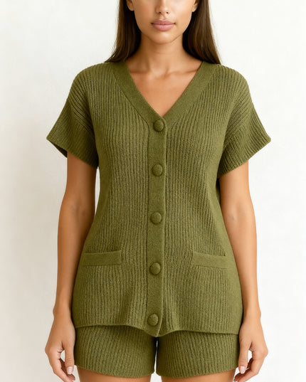 Conjunto de shorts feminino casual de 2 peças com botões e decote em V 24