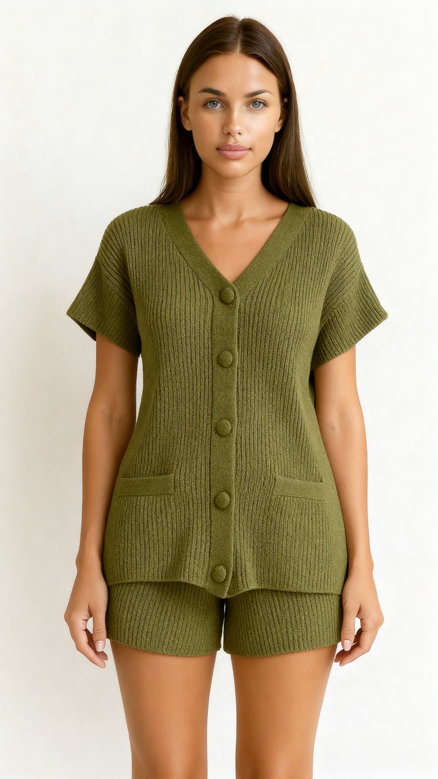 Conjunto de shorts feminino casual de 2 peças com botões e decote em V 24