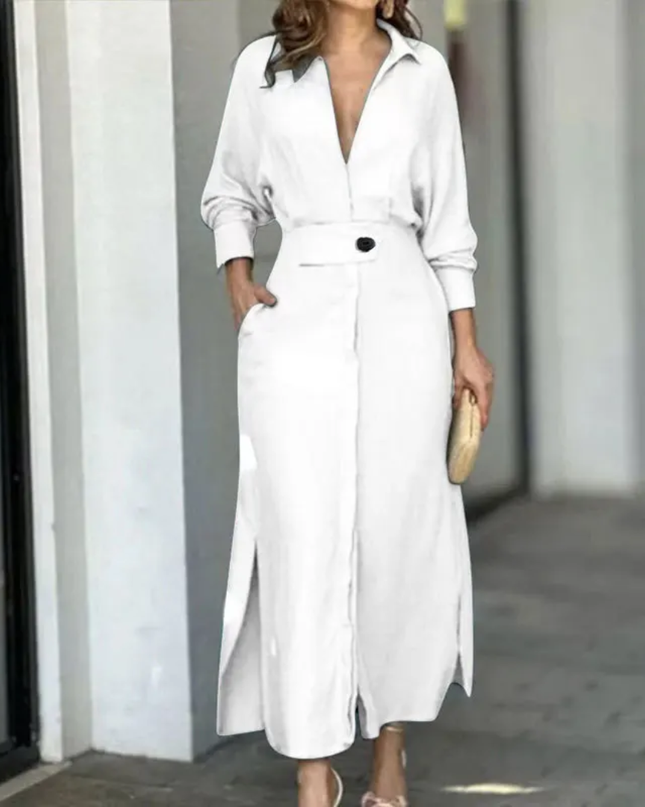 Vestidos Feminino De Lapela De Manga Comprida De Cor Sólida 188