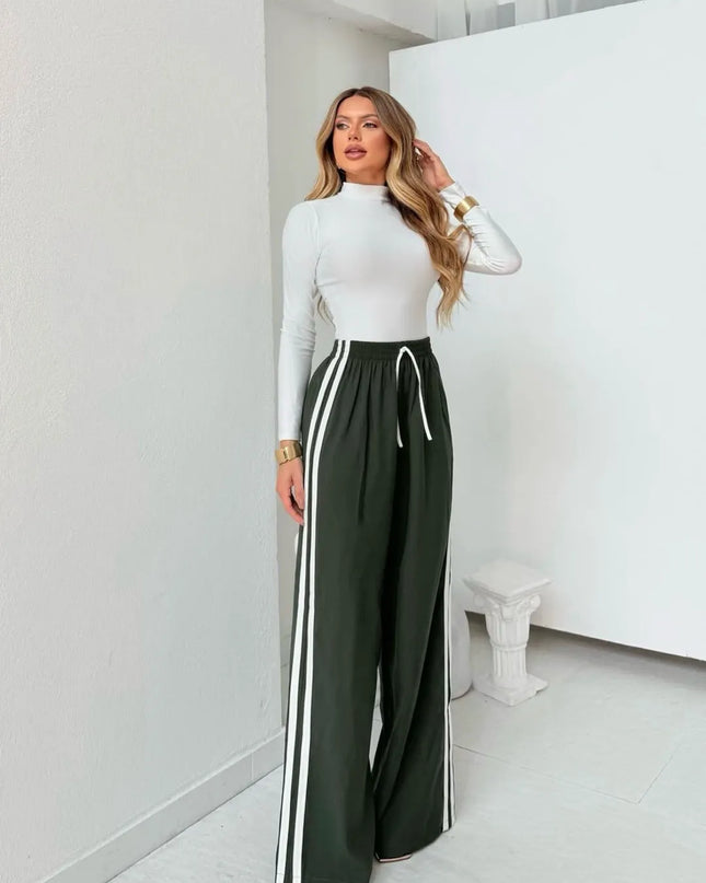 Calça pantalona track pants wid leg, listra lateral, elástico na cintura, bolso, tecido marrant 271