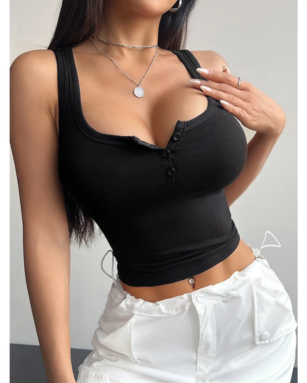 Regata Feminina de Verão na Cor Sólida com Botões e Decote Meio Placket 160