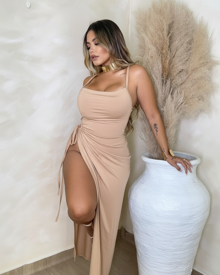 vestido feminino suplex com toque  de poliamida, trançado nas costas, empina com fenda, primavera verão 484