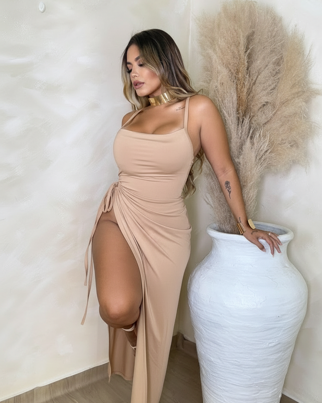 vestido feminino suplex com toque  de poliamida, trançado nas costas, empina com fenda, primavera verão 484