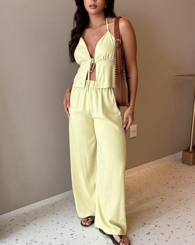 Chiquease Terno de Calça Pantalona Larga Solta com Pescoço Halter Pregueado em Tecido 261