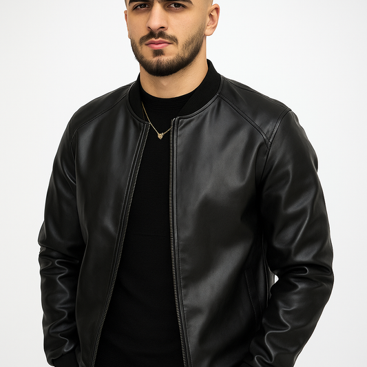 Jaqueta de couro preta casual com gola de beisebol 10