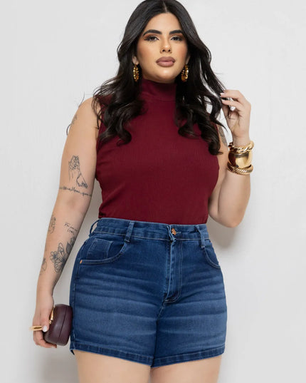 Short Jeans Plus Size Feminino Strass Algodão Cintura Alta Jeans Lavado 254