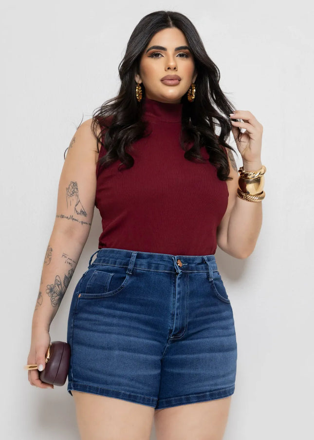 Short Jeans Plus Size Feminino Strass Algodão Cintura Alta Jeans Lavado 254