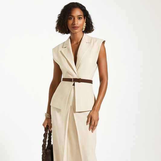 V neck waist belt sleeveless wide shoulder cinched Waistcoat