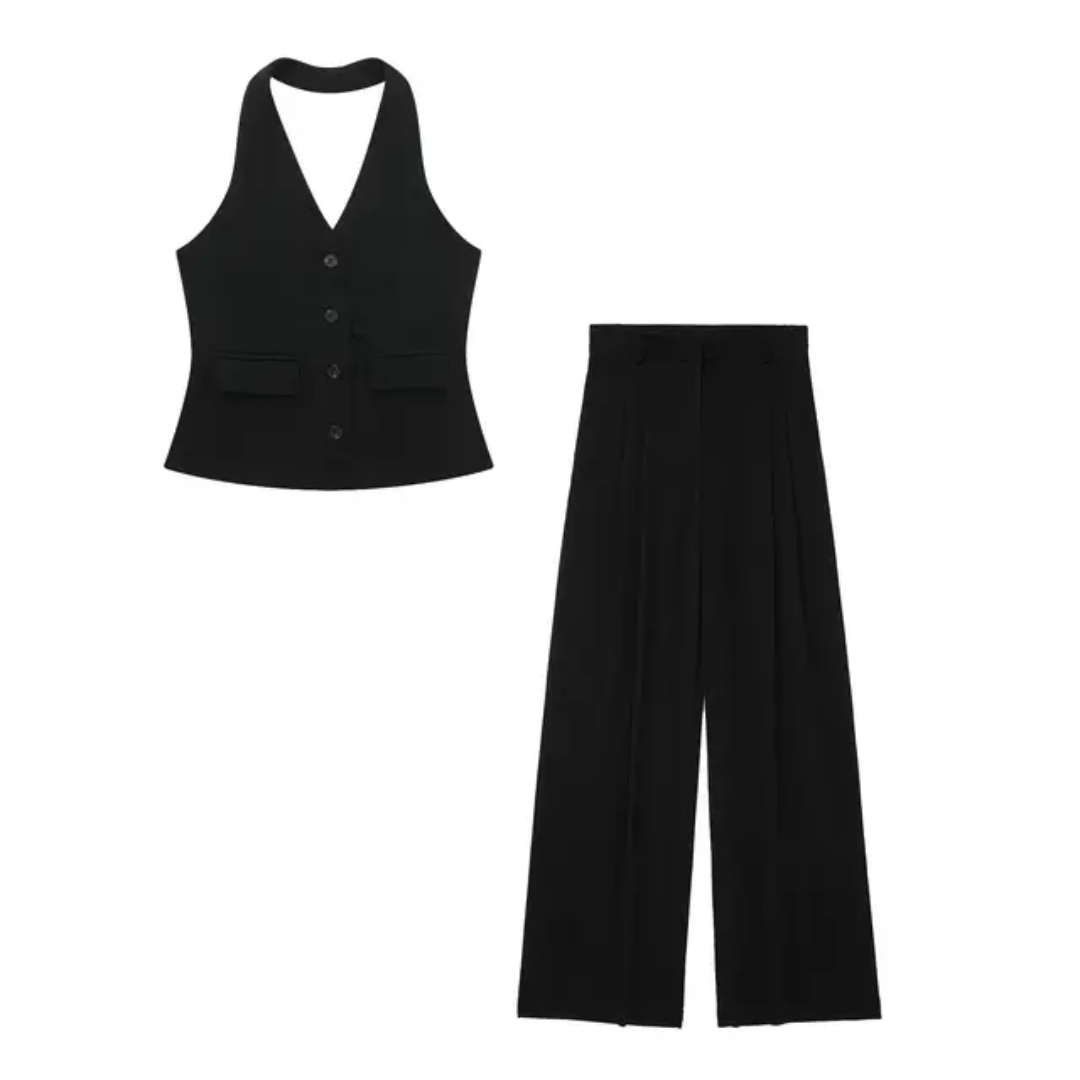 Conjunto Feminino de Duas Peças: Colete com Gola Halter e Calça Longa