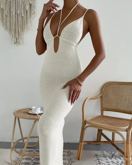 Hollow lace hanging neck strap knitted backless bikini dress