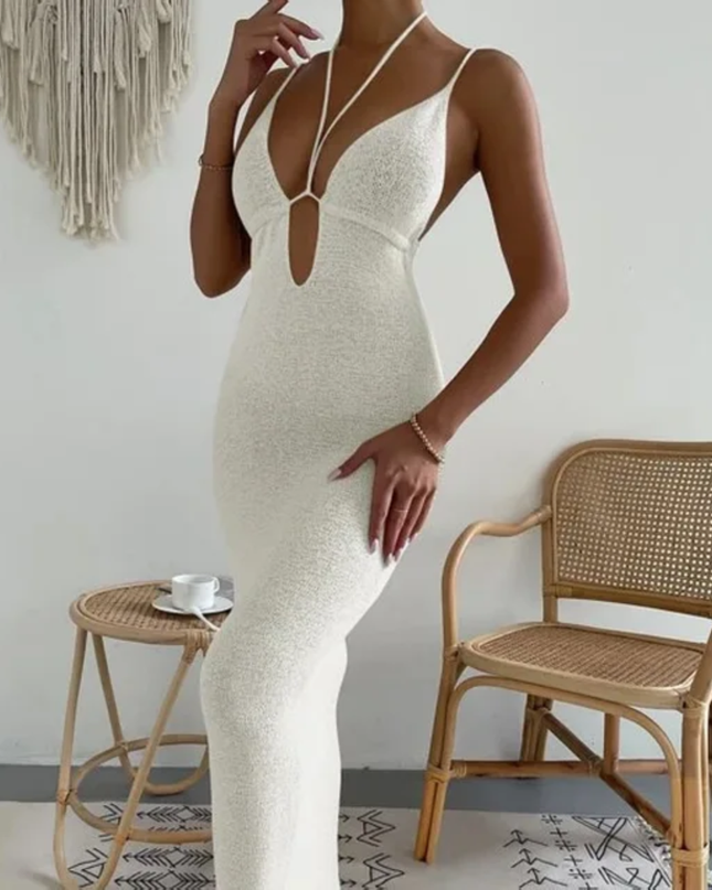 Hollow lace hanging neck strap knitted backless bikini dress