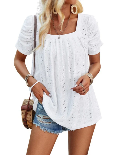 Bordado De Ilhós Gola Quadrada Manga Bufante Camiseta 137