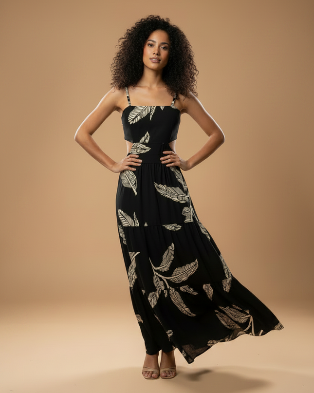 Vestido Longo Feminino Elegante com Cintura Ajustada Estampa floral 536